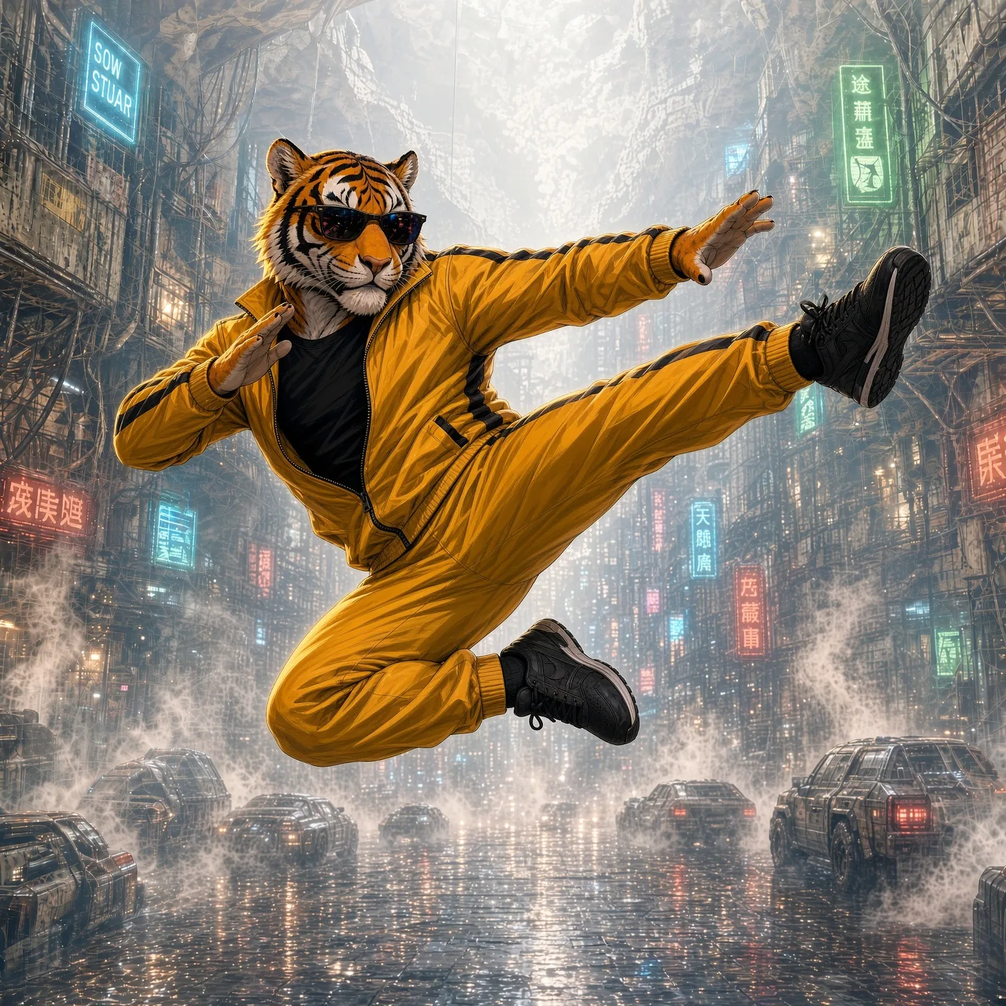Bruce Jeet, a tiger in sunglasses and a yellow tracksuit, performing a flying side kick in a neon-lit city.